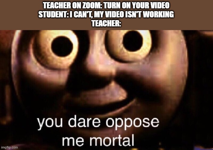 2020 be like | TEACHER ON ZOOM: TURN ON YOUR VIDEO
STUDENT: I CAN'T, MY VIDEO ISN'T WORKING
TEACHER: | image tagged in you dare oppose me mortal | made w/ Imgflip meme maker