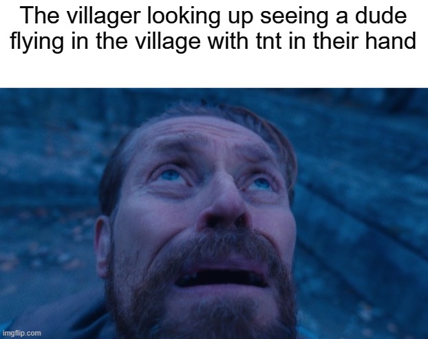 villager go brrrrr | The villager looking up seeing a dude flying in the village with tnt in their hand | image tagged in willem dafoe | made w/ Imgflip meme maker