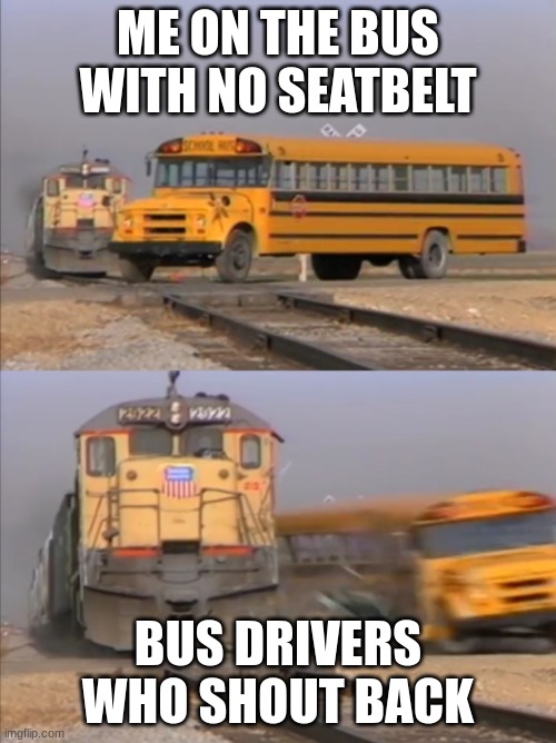 Is it just me? | ME ON THE BUS WITH NO SEATBELT; BUS DRIVERS WHO SHOUT BACK | image tagged in train crashes bus | made w/ Imgflip meme maker