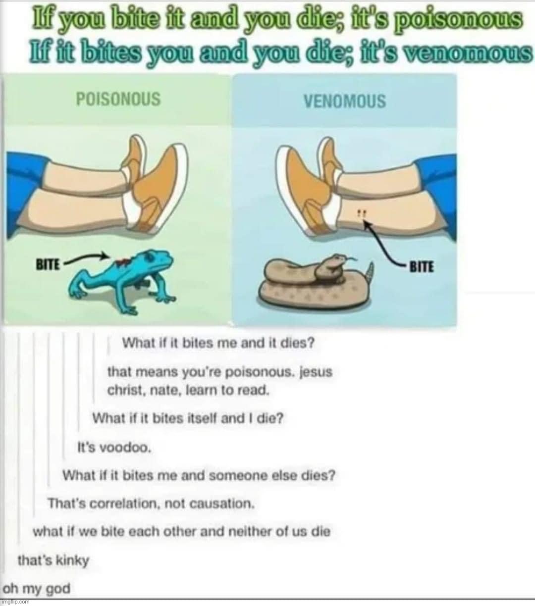 How to use proper vocabulary whilst dying | image tagged in poisonous vs venomous,poison,venom,psa,public service announcement,bruh | made w/ Imgflip meme maker