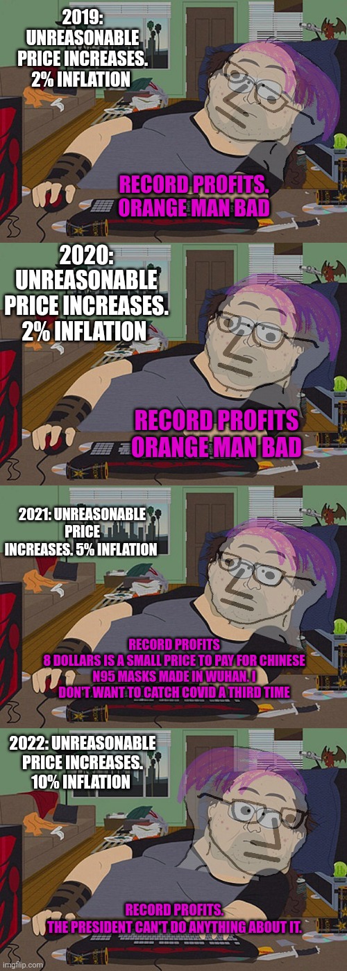 Twatter mod problems | 2019: UNREASONABLE PRICE INCREASES. 2% INFLATION; RECORD PROFITS.
ORANGE MAN BAD; 2020: UNREASONABLE PRICE INCREASES. 2% INFLATION; RECORD PROFITS
ORANGE MAN BAD; 2021: UNREASONABLE PRICE INCREASES. 5% INFLATION; RECORD PROFITS
8 DOLLARS IS A SMALL PRICE TO PAY FOR CHINESE N95 MASKS MADE IN WUHAN. I DON'T WANT TO CATCH COVID A THIRD TIME; 2022: UNREASONABLE PRICE INCREASES. 10% INFLATION; RECORD PROFITS.
THE PRESIDENT CAN'T DO ANYTHING ABOUT IT. | image tagged in fat discord moderator,inflation is an increase,of the monetary supply,without an increase of total spending power,math is hard | made w/ Imgflip meme maker