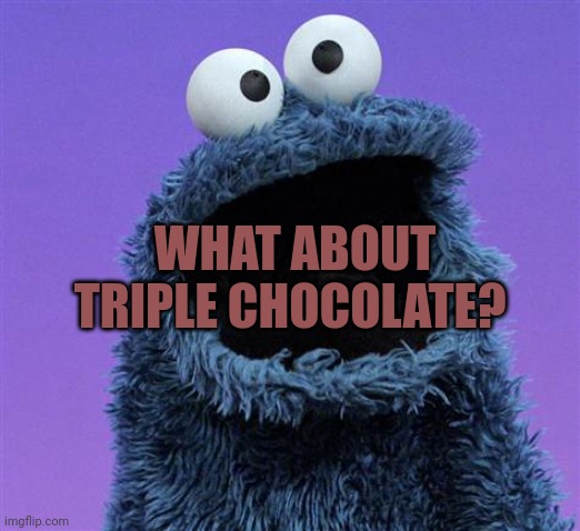 cookie monster | WHAT ABOUT TRIPLE CHOCOLATE? | image tagged in cookie monster | made w/ Imgflip meme maker