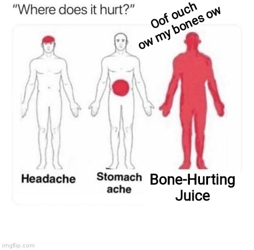 Where does it hurt | Oof ouch ow my bones ow; Bone-Hurting Juice | image tagged in where does it hurt | made w/ Imgflip meme maker