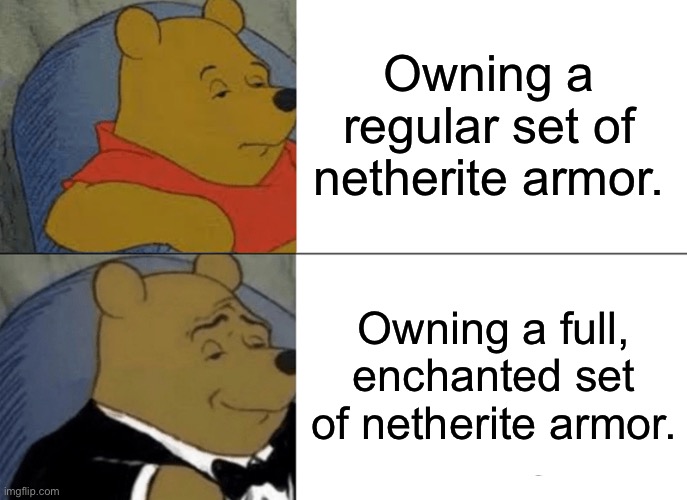Netherite armor. | Owning a regular set of netherite armor. Owning a full, enchanted set of netherite armor. | image tagged in memes,tuxedo winnie the pooh | made w/ Imgflip meme maker