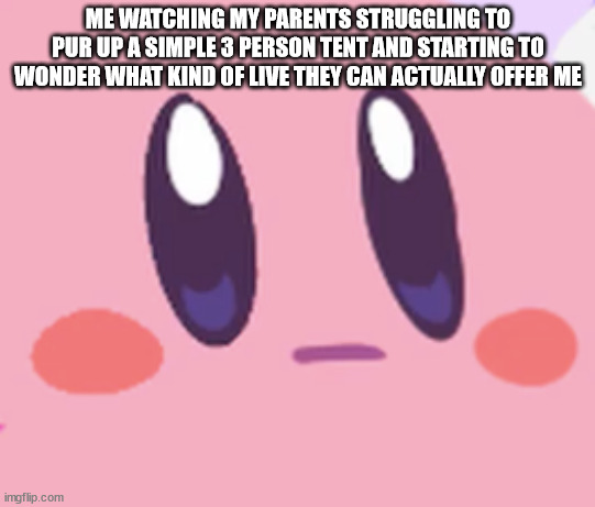 (._. ) |  ME WATCHING MY PARENTS STRUGGLING TO PUR UP A SIMPLE 3 PERSON TENT AND STARTING TO WONDER WHAT KIND OF LIVE THEY CAN ACTUALLY OFFER ME | image tagged in blank kirby face | made w/ Imgflip meme maker