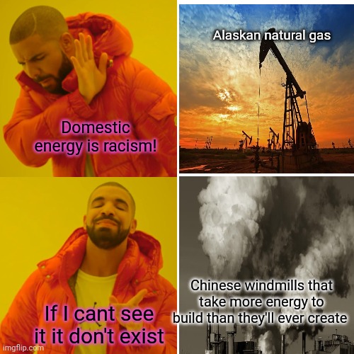 Drake Hotline Bling Meme | Domestic energy is racism! Chinese windmills that take more energy to build than they'll ever create If I cant see it it don't exist Alaskan | image tagged in memes,drake hotline bling | made w/ Imgflip meme maker