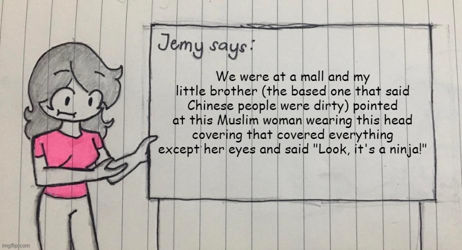 Jemy temp drawn | We were at a mall and my little brother (the based one that said Chinese people were dirty) pointed at this Muslim woman wearing this head covering that covered everything except her eyes and said "Look, it's a ninja!" | image tagged in jemy temp drawn | made w/ Imgflip meme maker
