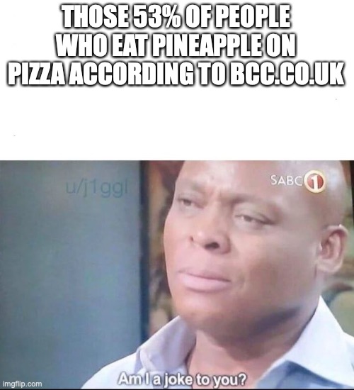 am I a joke to you | THOSE 53% OF PEOPLE WHO EAT PINEAPPLE ON PIZZA ACCORDING TO BCC.CO.UK | image tagged in am i a joke to you | made w/ Imgflip meme maker