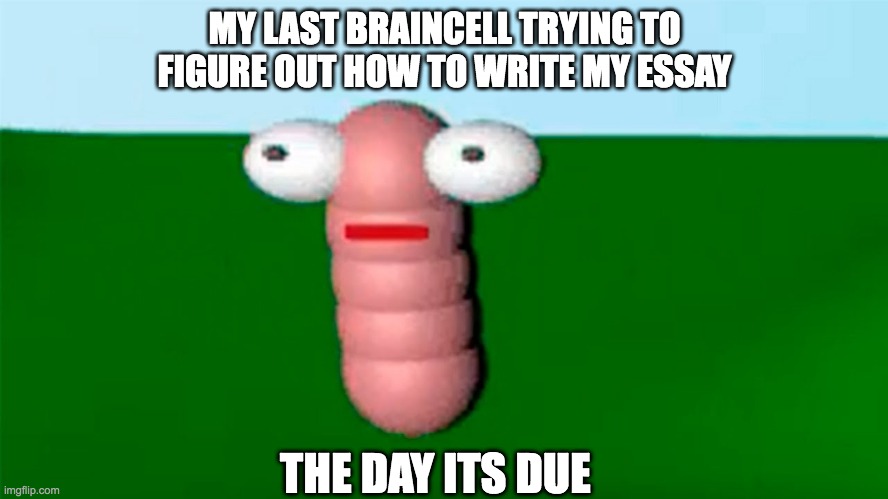 Worm | MY LAST BRAINCELL TRYING TO FIGURE OUT HOW TO WRITE MY ESSAY; THE DAY ITS DUE | image tagged in worm,memes,funny | made w/ Imgflip meme maker