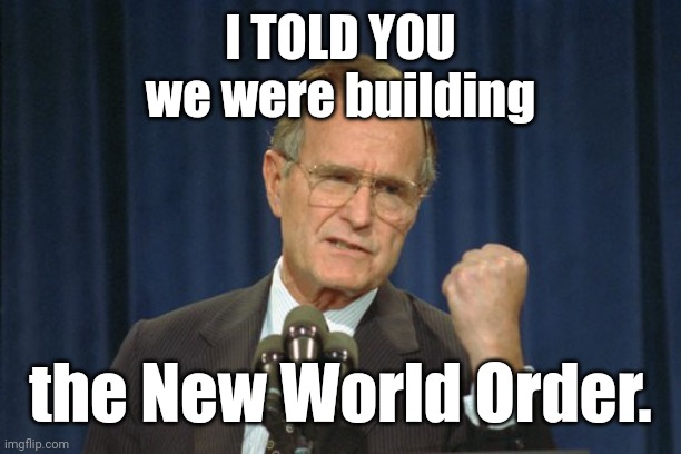 George Bush Gather | I TOLD YOU
we were building the New World Order. | image tagged in george bush gather | made w/ Imgflip meme maker