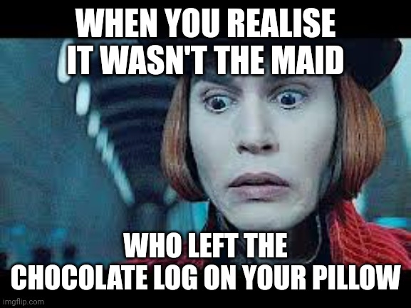 JOHNNY DEPP TRIAL | WHEN YOU REALISE IT WASN'T THE MAID; WHO LEFT THE CHOCOLATE LOG ON YOUR PILLOW | image tagged in johnny depp,amber heard | made w/ Imgflip meme maker