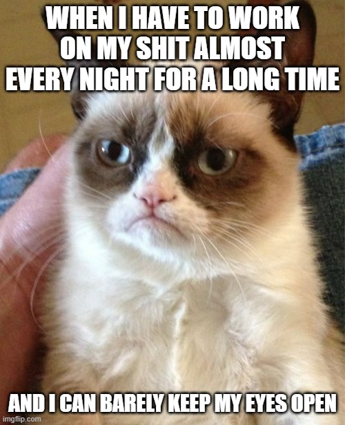 This is why I'm cranky when i first wake up almost every day | WHEN I HAVE TO WORK ON MY SHIT ALMOST EVERY NIGHT FOR A LONG TIME; AND I CAN BARELY KEEP MY EYES OPEN | image tagged in memes,grumpy cat,relatable,relatable memes,so tired,tired af | made w/ Imgflip meme maker