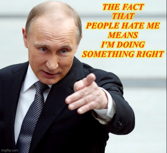 The fact that people hate me means I'm doing something right. | THE FACT THAT PEOPLE HATE ME
MEANS I'M DOING SOMETHING RIGHT | image tagged in vladimir putin pointing | made w/ Imgflip meme maker