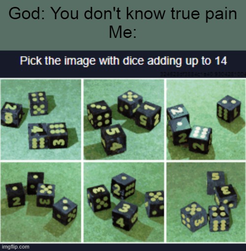 it just hurts | God: You don't know true pain
Me: | image tagged in pain,verification | made w/ Imgflip meme maker