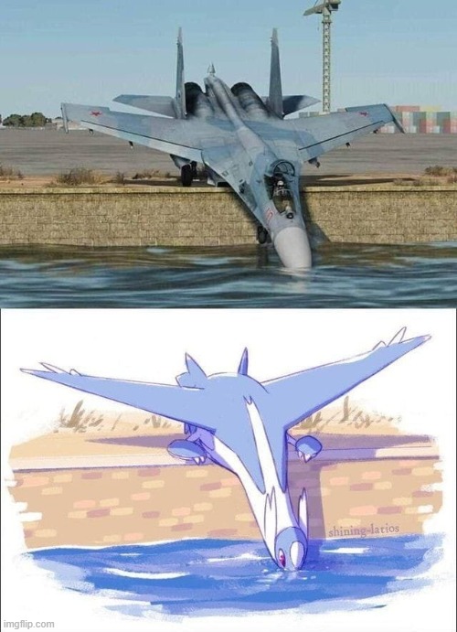MiG drinking water but its Latios | image tagged in mig-29,latios | made w/ Imgflip meme maker