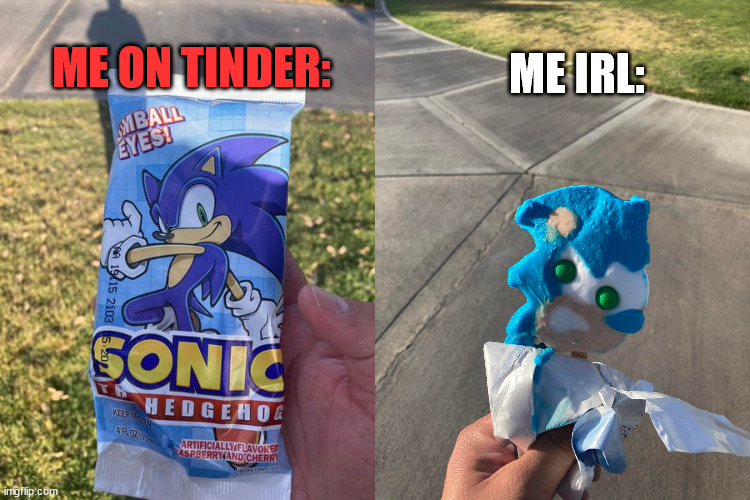 Derpy Sonic Strikes Again | ME IRL:; ME ON TINDER: | image tagged in sonic,sonic the hedgehog,derpy,sonic derp,tinder,bad date | made w/ Imgflip meme maker