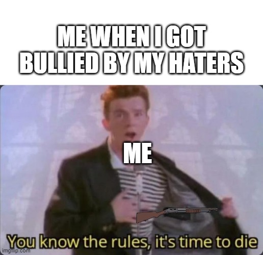 me when i got bullied | ME WHEN I GOT BULLIED BY MY HATERS; ME | image tagged in you know the rules it's time to die | made w/ Imgflip meme maker