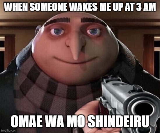 When Someone Wakes U Up At 3AM | WHEN SOMEONE WAKES ME UP AT 3 AM; OMAE WA MO SHINDEIRU | image tagged in gru gun | made w/ Imgflip meme maker