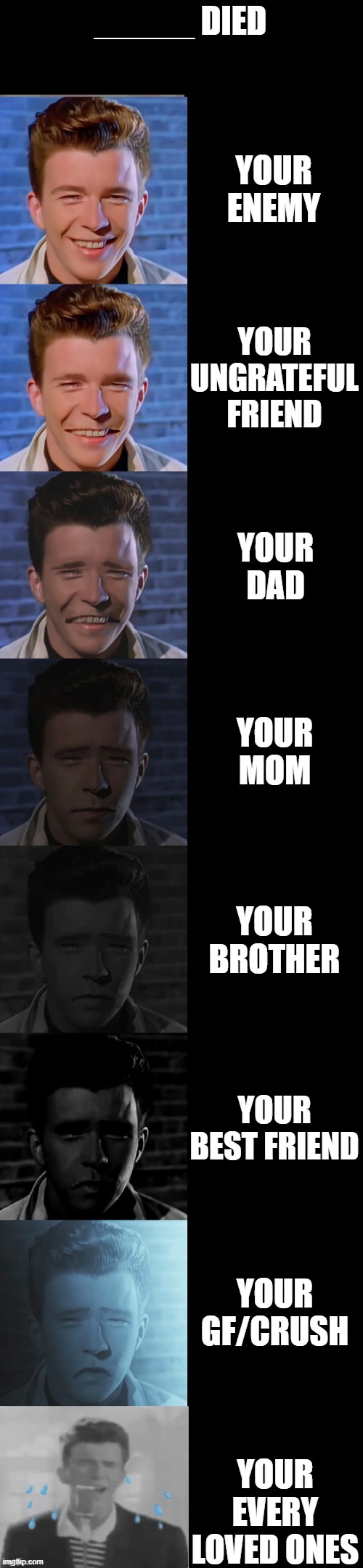 rick astley becoming sad :( (template inspired my Matiasber2) | _____ DIED; YOUR ENEMY; YOUR UNGRATEFUL FRIEND; YOUR DAD; YOUR MOM; YOUR BROTHER; YOUR BEST FRIEND; YOUR GF/CRUSH; YOUR EVERY LOVED ONES | image tagged in rick astley becoming sad true form | made w/ Imgflip meme maker