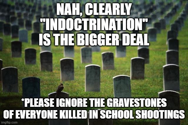 graveyard cemetary | NAH, CLEARLY "INDOCTRINATION" IS THE BIGGER DEAL *PLEASE IGNORE THE GRAVESTONES OF EVERYONE KILLED IN SCHOOL SHOOTINGS | image tagged in graveyard cemetary | made w/ Imgflip meme maker