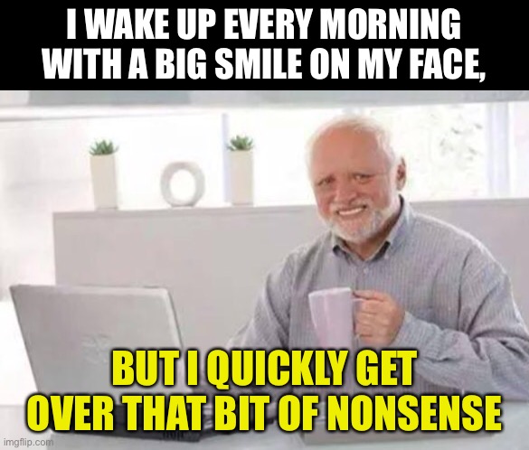 Smile | I WAKE UP EVERY MORNING WITH A BIG SMILE ON MY FACE, BUT I QUICKLY GET OVER THAT BIT OF NONSENSE | image tagged in harold | made w/ Imgflip meme maker