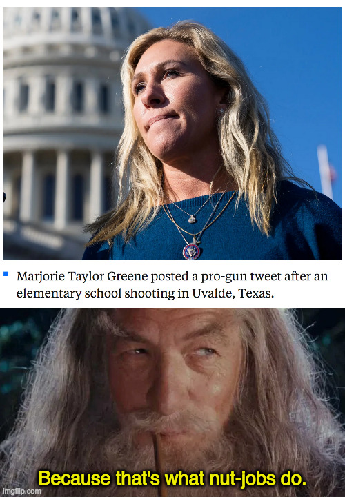 Nut-job MTG. | Because that's what nut-jobs do. | image tagged in memes,uvalde school shooting,mtg,nut-job,gandalf channels thor | made w/ Imgflip meme maker