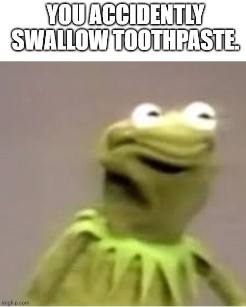 oof | YOU ACCIDENTLY SWALLOW TOOTHPASTE. | image tagged in kermit the frog cringing,facepalm | made w/ Imgflip meme maker