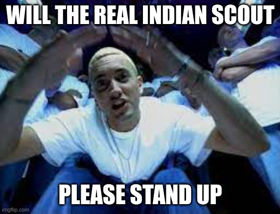 Will the real slim shady | WILL THE REAL INDIAN SCOUT; PLEASE STAND UP | image tagged in please stand up | made w/ Imgflip meme maker