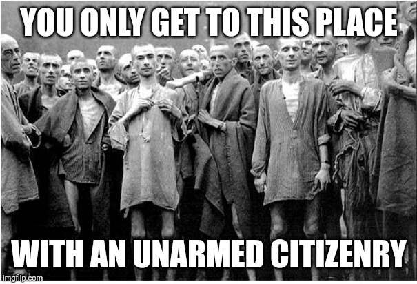Its easier to put victims on a train than to shoot outright. |  YOU ONLY GET TO THIS PLACE; WITH AN UNARMED CITIZENRY | image tagged in holocaust,2nd amendment | made w/ Imgflip meme maker