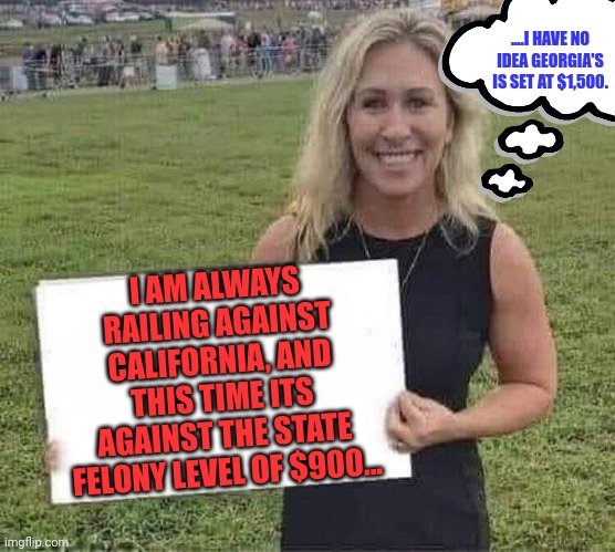 Take time to take care of your OWN BUSINESS. | ....I HAVE NO IDEA GEORGIA'S IS SET AT $1,500. I AM ALWAYS RAILING AGAINST CALIFORNIA, AND THIS TIME ITS AGAINST THE STATE FELONY LEVEL OF $900... | image tagged in marjorie taylor greene | made w/ Imgflip meme maker