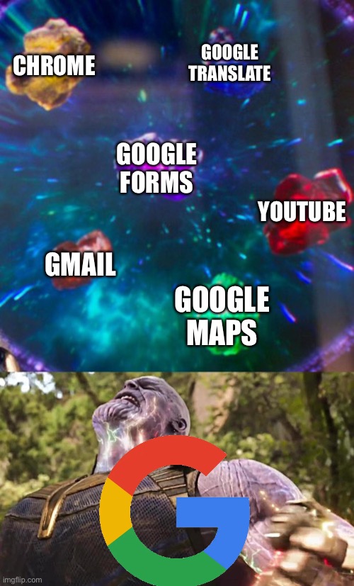 Google | CHROME; GOOGLE TRANSLATE; GOOGLE FORMS; YOUTUBE; GMAIL; GOOGLE MAPS | image tagged in thanos infinity stones,memes,thanos | made w/ Imgflip meme maker