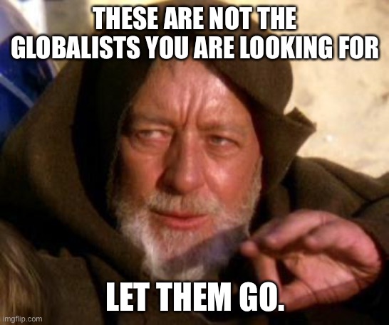 Globalists | THESE ARE NOT THE GLOBALISTS YOU ARE LOOKING FOR; LET THEM GO. | image tagged in obi wan kenobi jedi mind trick | made w/ Imgflip meme maker