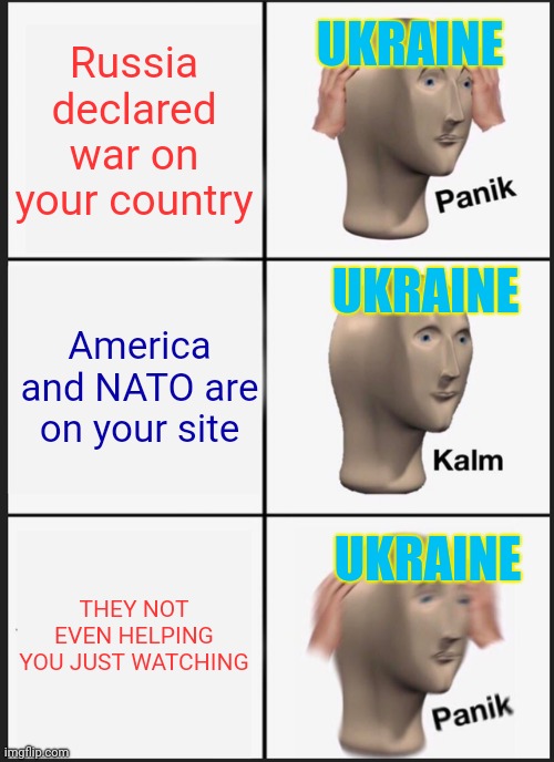 Actually I don't know if this is true is it true I just heard it from a relative and I think it's fake news | UKRAINE; Russia declared war on your country; UKRAINE; America and NATO are on your site; UKRAINE; THEY NOT EVEN HELPING YOU JUST WATCHING | image tagged in memes,panik kalm panik,ww3,russia,ukraine,america | made w/ Imgflip meme maker
