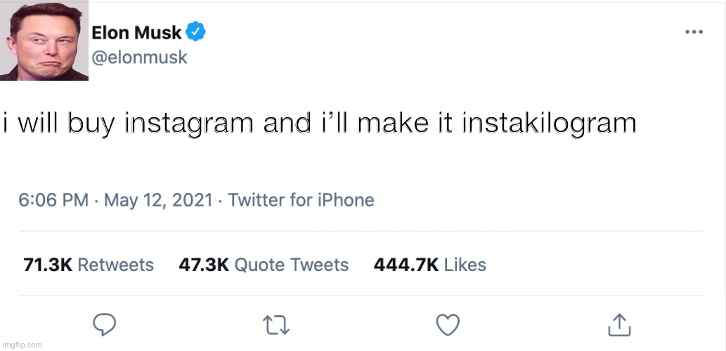 Elon Musk Blank Tweet | i will buy instagram and i’ll make it instakilogram | image tagged in elon musk blank tweet | made w/ Imgflip meme maker