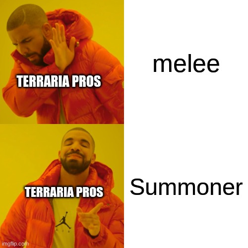 Terraria pros be like: | melee; TERRARIA PROS; Summoner; TERRARIA PROS | image tagged in memes,drake hotline bling | made w/ Imgflip meme maker