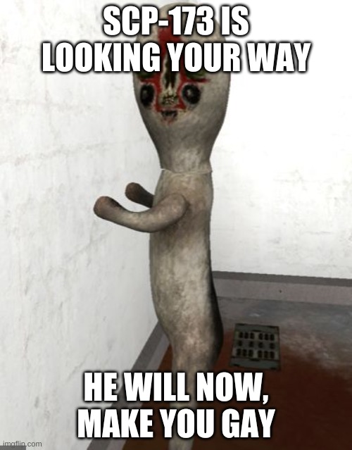 SCP-173 is looking your way | SCP-173 IS LOOKING YOUR WAY; HE WILL NOW, MAKE YOU GAY | image tagged in scp-173 is looking your way | made w/ Imgflip meme maker