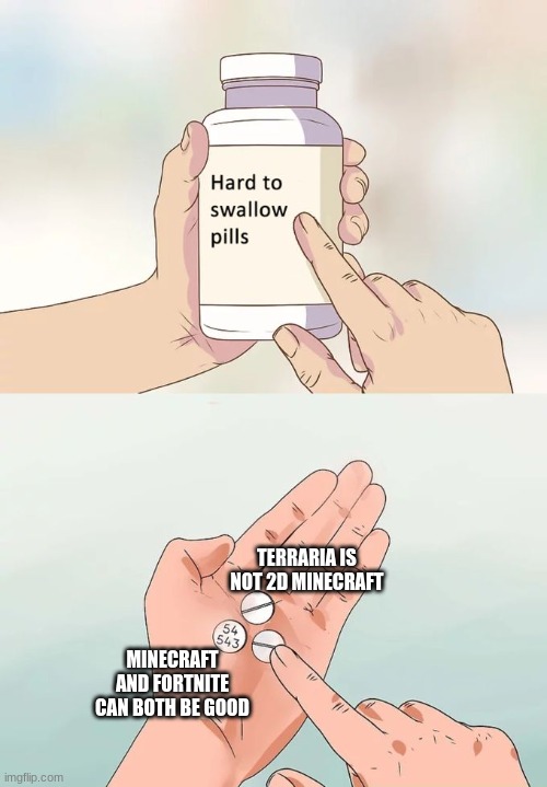 A clever name | TERRARIA IS NOT 2D MINECRAFT; MINECRAFT AND FORTNITE CAN BOTH BE GOOD | image tagged in memes,hard to swallow pills | made w/ Imgflip meme maker
