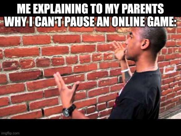 Brick wall guy | ME EXPLAINING TO MY PARENTS WHY I CAN'T PAUSE AN ONLINE GAME: | image tagged in brick wall guy | made w/ Imgflip meme maker