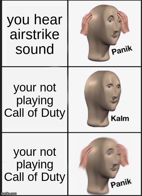Panik Kalm Panik |  you hear airstrike sound; your not playing Call of Duty; your not playing Call of Duty | image tagged in memes,panik kalm panik | made w/ Imgflip meme maker