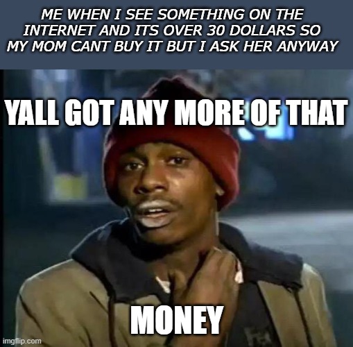 Y'all Got Any More Of That | ME WHEN I SEE SOMETHING ON THE INTERNET AND ITS OVER 30 DOLLARS SO MY MOM CANT BUY IT BUT I ASK HER ANYWAY; YALL GOT ANY MORE OF THAT; MONEY | image tagged in memes,y'all got any more of that | made w/ Imgflip meme maker