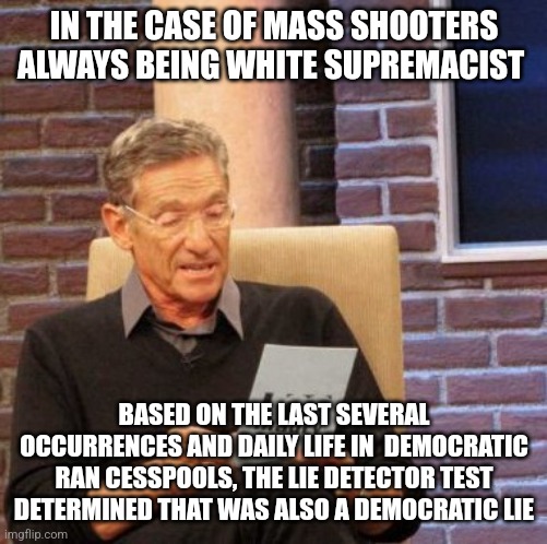 Maury Lie Detector | IN THE CASE OF MASS SHOOTERS ALWAYS BEING WHITE SUPREMACIST; BASED ON THE LAST SEVERAL OCCURRENCES AND DAILY LIFE IN  DEMOCRATIC RAN CESSPOOLS, THE LIE DETECTOR TEST DETERMINED THAT WAS ALSO A DEMOCRATIC LIE | image tagged in memes,maury lie detector | made w/ Imgflip meme maker