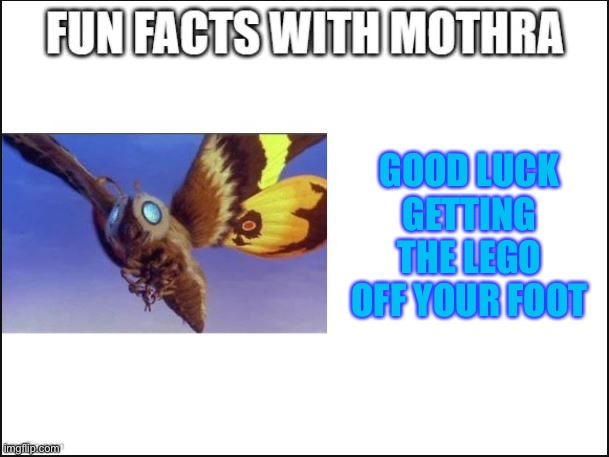 Fun Facts with Mothra | GOOD LUCK GETTING THE LEGO OFF YOUR FOOT | image tagged in fun facts with mothra | made w/ Imgflip meme maker