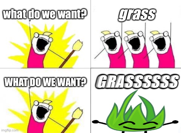 go outside and touch some grass | what do we want? grass; WHAT DO WE WANT? GRASSSSSS | image tagged in memes,what do we want | made w/ Imgflip meme maker