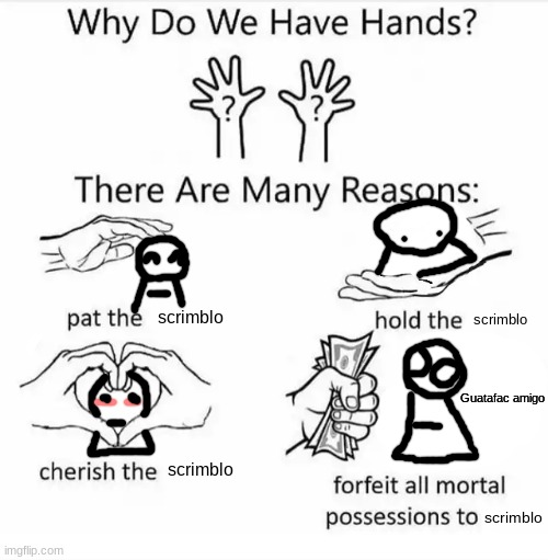 Why do we have hands? (all blank) | scrimblo scrimblo scrimblo scrimblo Guatafac amigo | image tagged in why do we have hands all blank | made w/ Imgflip meme maker