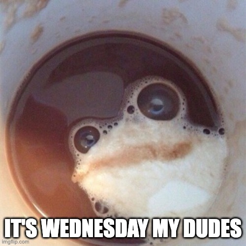 espresso art frog wednesday |  IT'S WEDNESDAY MY DUDES | image tagged in it is wednesday my dudes | made w/ Imgflip meme maker