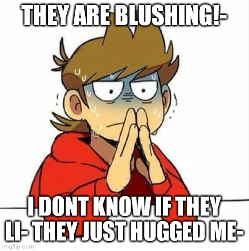 I think they like me- | THEY ARE BLUSHING!-; I DONT KNOW IF THEY LI- THEY JUST HUGGED ME- | image tagged in uncomfortable | made w/ Imgflip meme maker