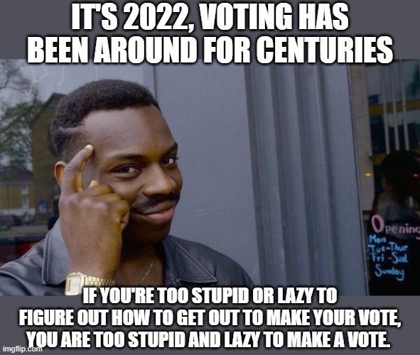 Roll Safe Think About It | IT'S 2022, VOTING HAS BEEN AROUND FOR CENTURIES; IF YOU'RE TOO STUPID OR LAZY TO FIGURE OUT HOW TO GET OUT TO MAKE YOUR VOTE, YOU ARE TOO STUPID AND LAZY TO MAKE A VOTE. | image tagged in memes,roll safe think about it | made w/ Imgflip meme maker