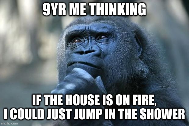 Deep Thoughts | 9YR ME THINKING; IF THE HOUSE IS ON FIRE, I COULD JUST JUMP IN THE SHOWER | image tagged in deep thoughts | made w/ Imgflip meme maker