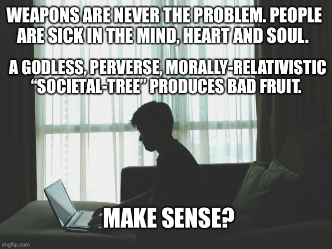 Future mass shooter | WEAPONS ARE NEVER THE PROBLEM. PEOPLE ARE SICK IN THE MIND, HEART AND SOUL. A GODLESS, PERVERSE, MORALLY-RELATIVISTIC “SOCIETAL-TREE” PRODUCES BAD FRUIT. MAKE SENSE? | image tagged in future mass shooter | made w/ Imgflip meme maker