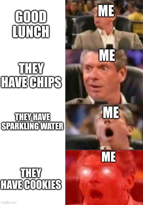 me at lunch | GOOD LUNCH; ME; ME; THEY HAVE CHIPS; ME; THEY HAVE SPARKLING WATER; ME; THEY HAVE COOKIES | image tagged in mr mcmahon reaction | made w/ Imgflip meme maker